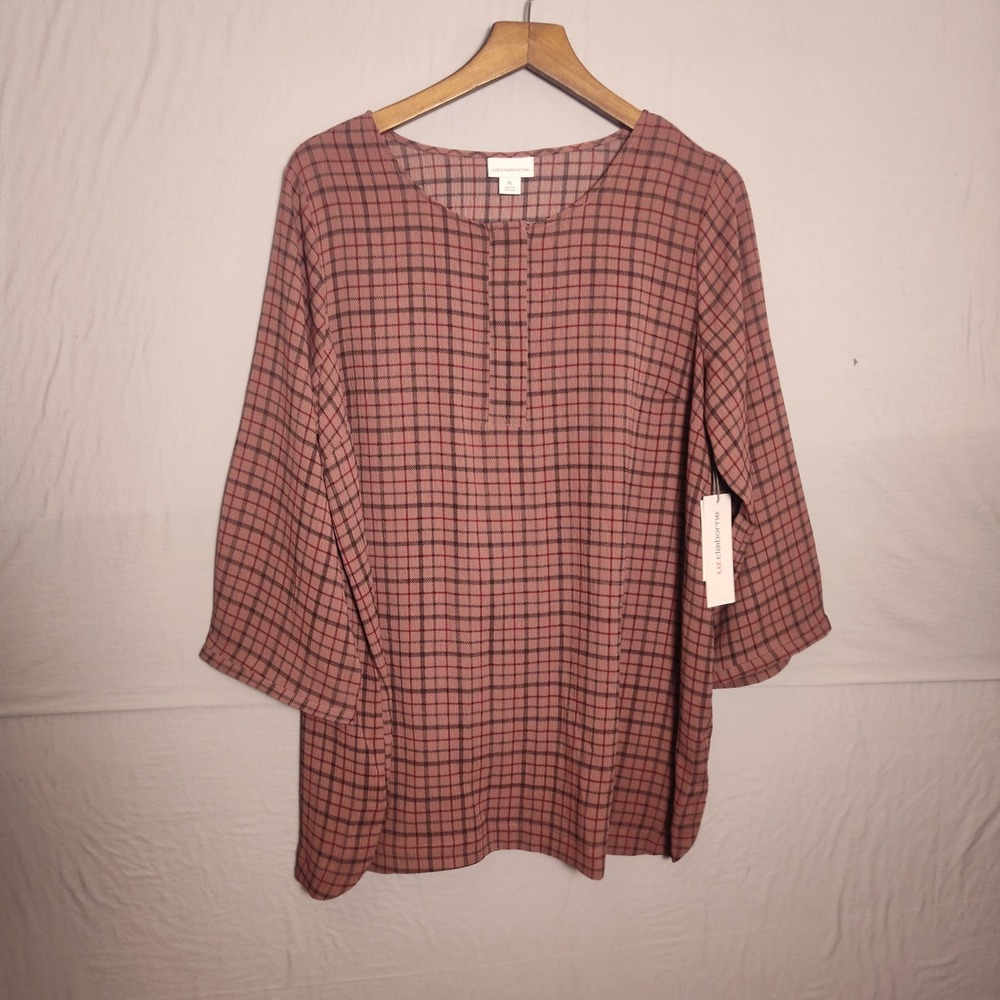 Liz Claiborne Womens XL Mauve Plaid 3/4 Sleeve Tunic Blouse Top C1202